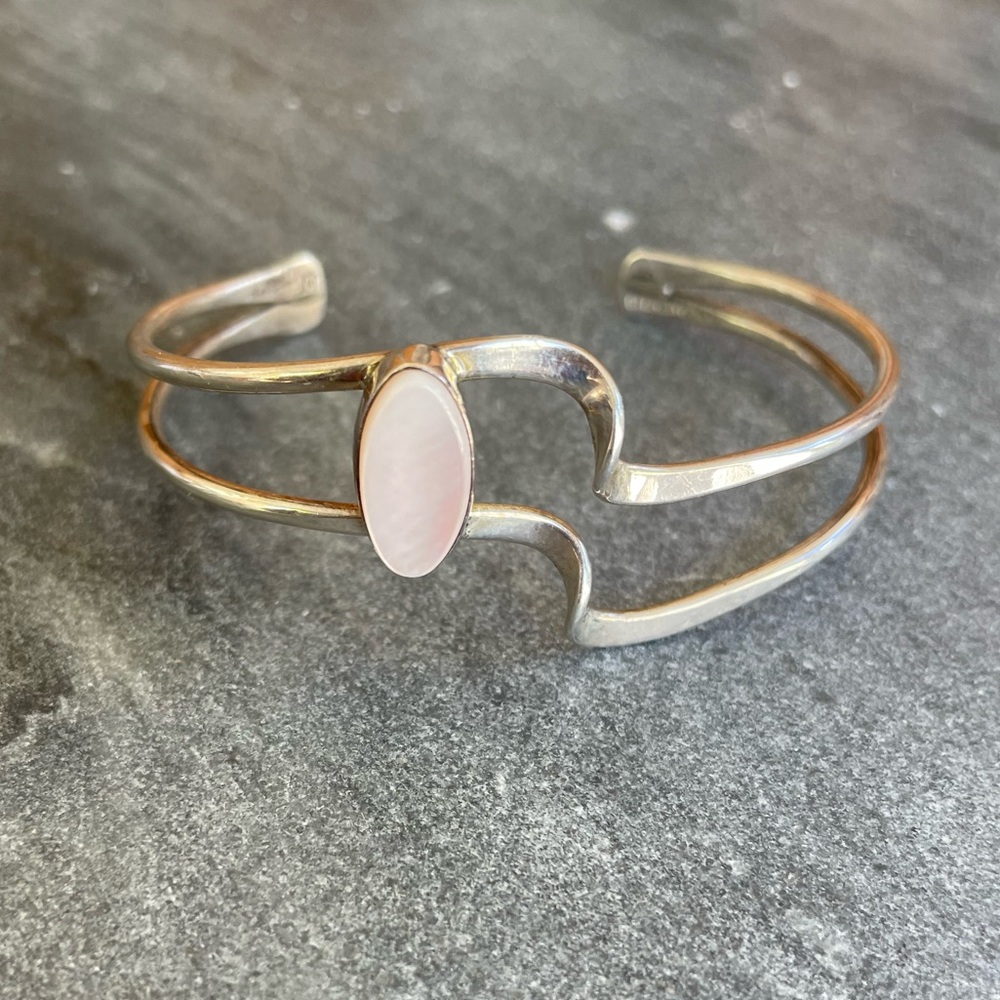 Vintage Sterling Silver Pink Mother of Pearl Cuff Bracelet